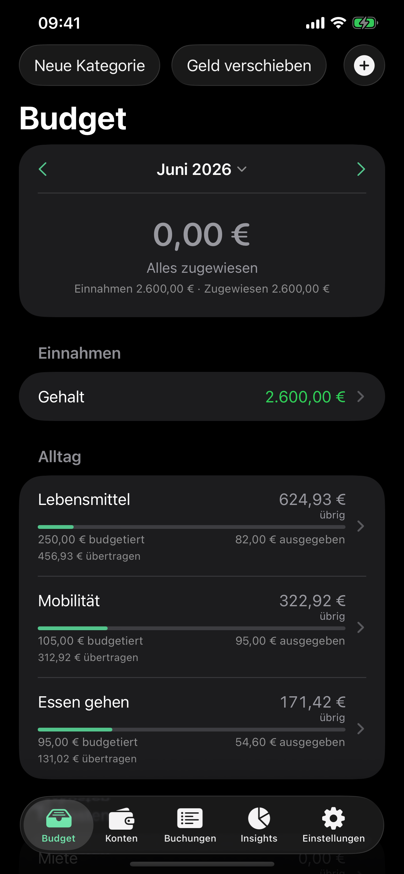 Der Budget-Bildschirm mit auf Umschläge verteiltem Einkommen