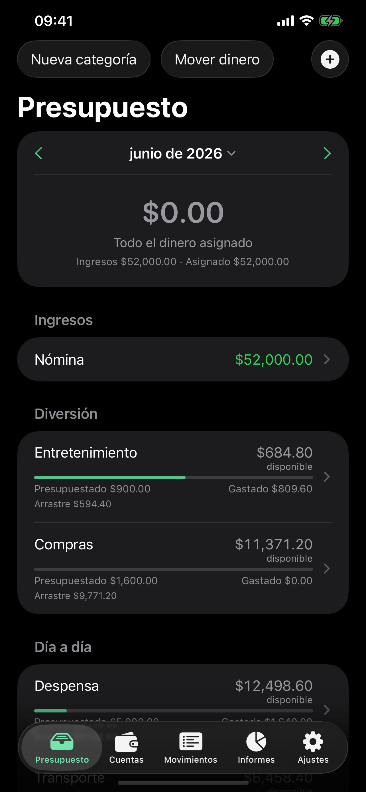 La pantalla de Presupuesto con los ingresos asignados entre sobres