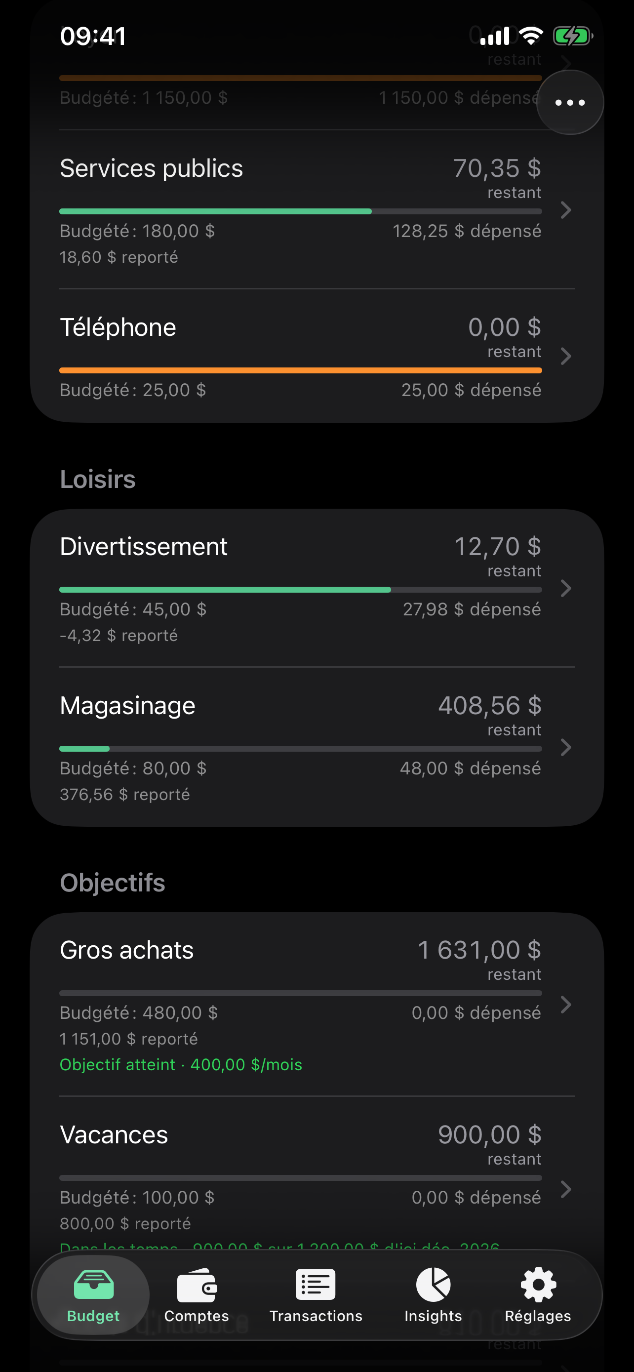 Les enveloppes d'un mois, chacune affichant le montant dépensé par rapport à son budget avec le report